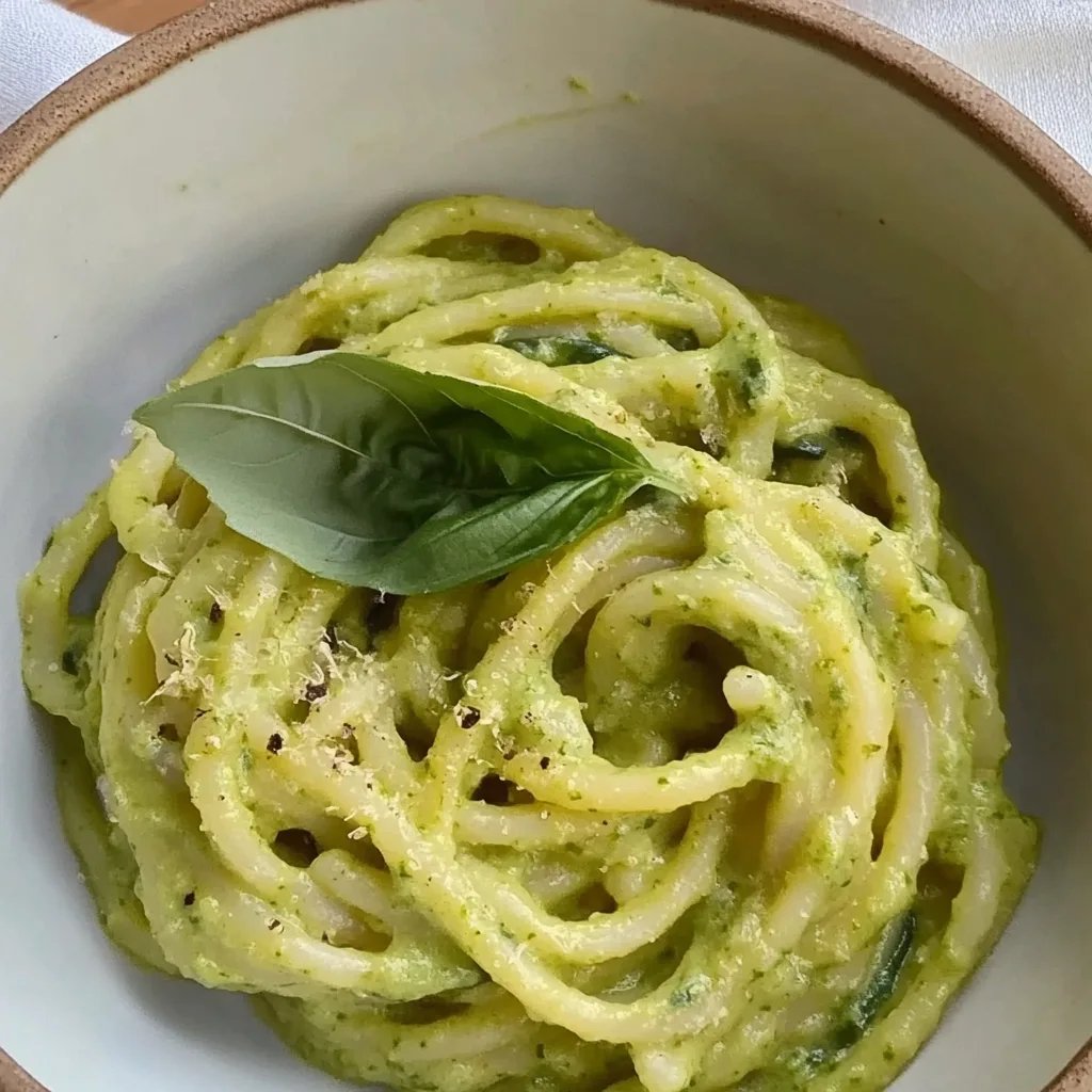 Cremige vegane Zucchini-Pasta mit Basilikum und Zitrone