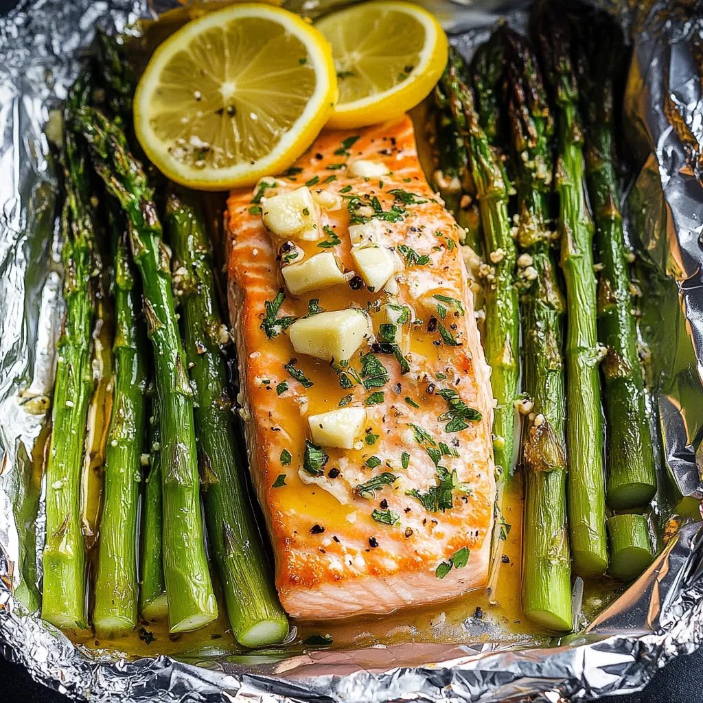 Lachs- und Spargel-Foil-Packs mit Knoblauch-Butter-Sauce