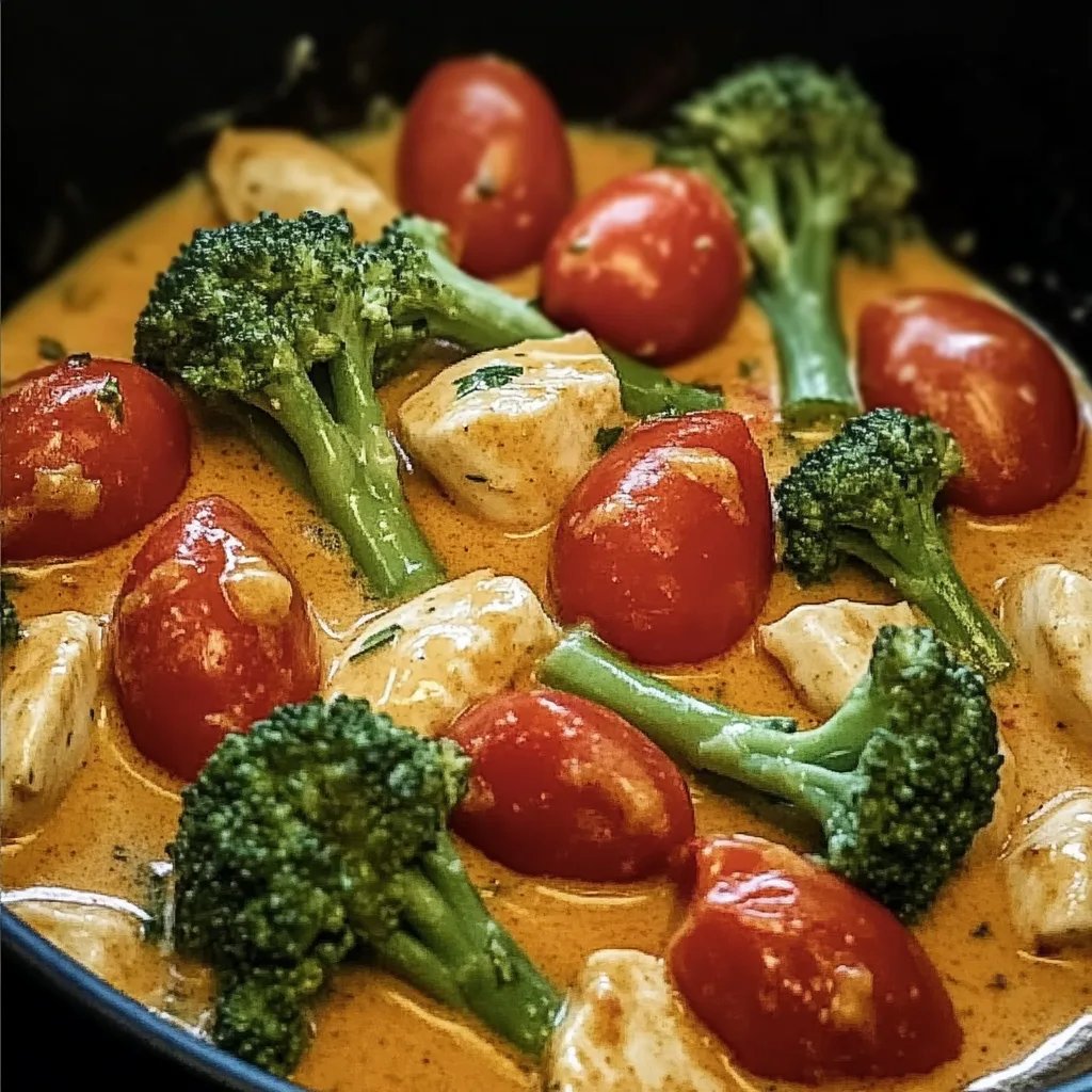 Cremige Brokkoli-Hähnchen-Pfanne mit Tomaten