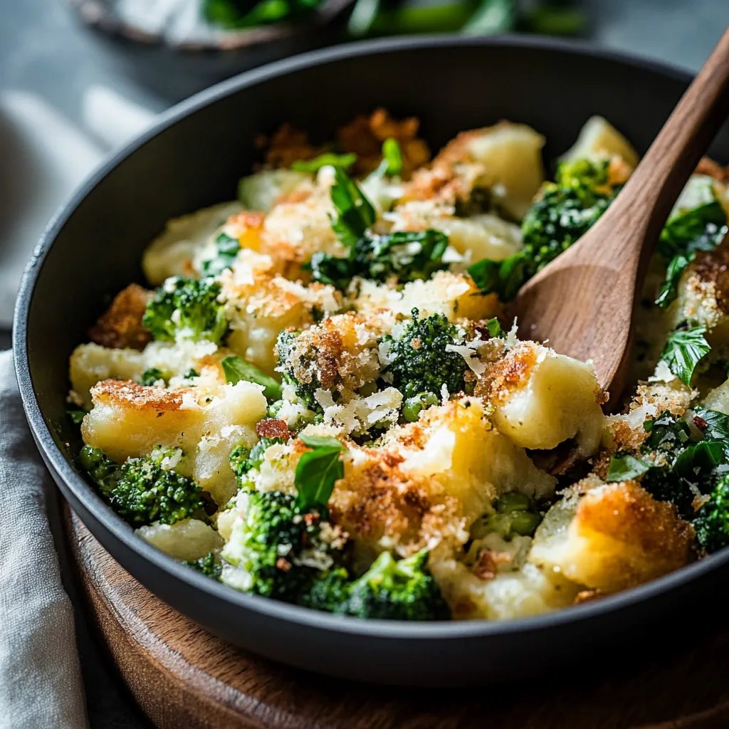 Cremiger Brokkoli und Kartoffeln in einer Pfanne