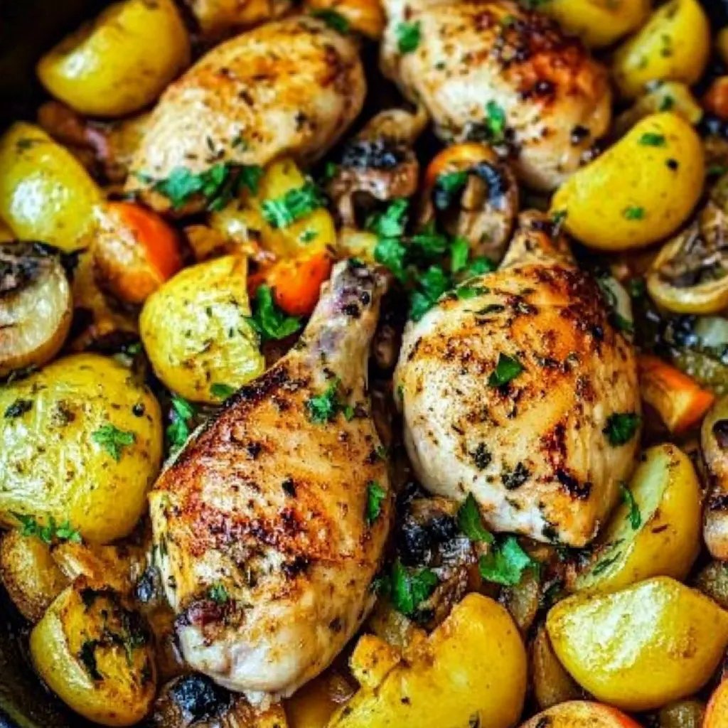 Hähnchen aus dem Ofen mit Kartoffeln und buntem Gemüse