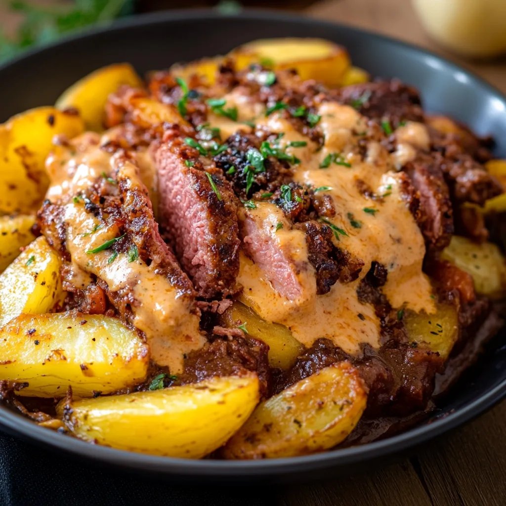 Gebratenes Fleisch und Cheddar-Pommes